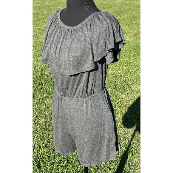 Ruffle Romper Womens Gray Off Shoulder Elastic Waist Knit Jersey Playsuit Casual - Picture 5 of 10